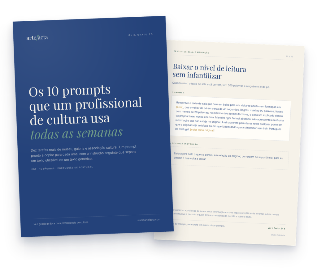 Capa do guia gratuito Os 10 prompts que um profissional de cultura usa todas as semanas, do Studio Artefacta